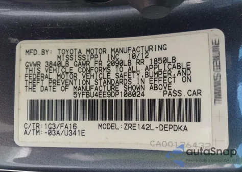 2013 Toyota Corolla L z USA, uszkodzony, nr VIN 5YFBU4EE9DP108024